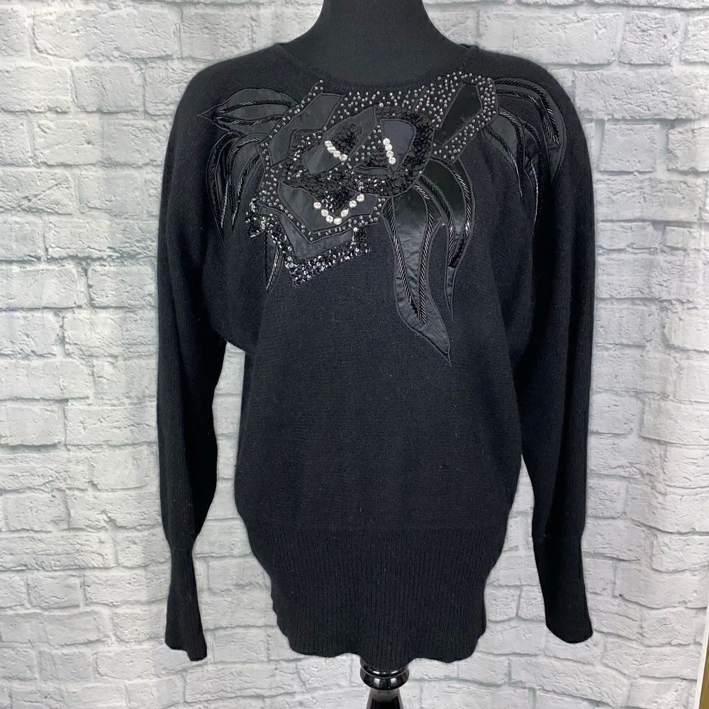 Silvercord vintage batwing pullover sweater w/beading black sz Lg